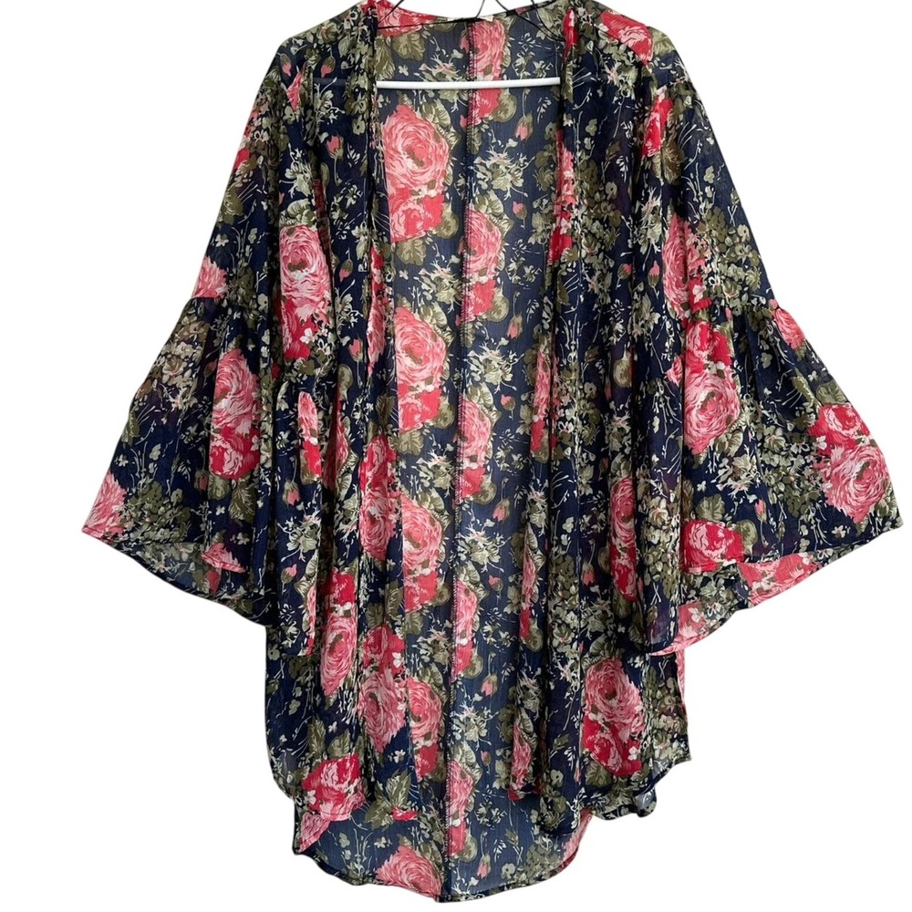 Umgee Plus Floral Kimono Duster Floral Swim Cover Bell Sleeve Gold Accent XL/1XL